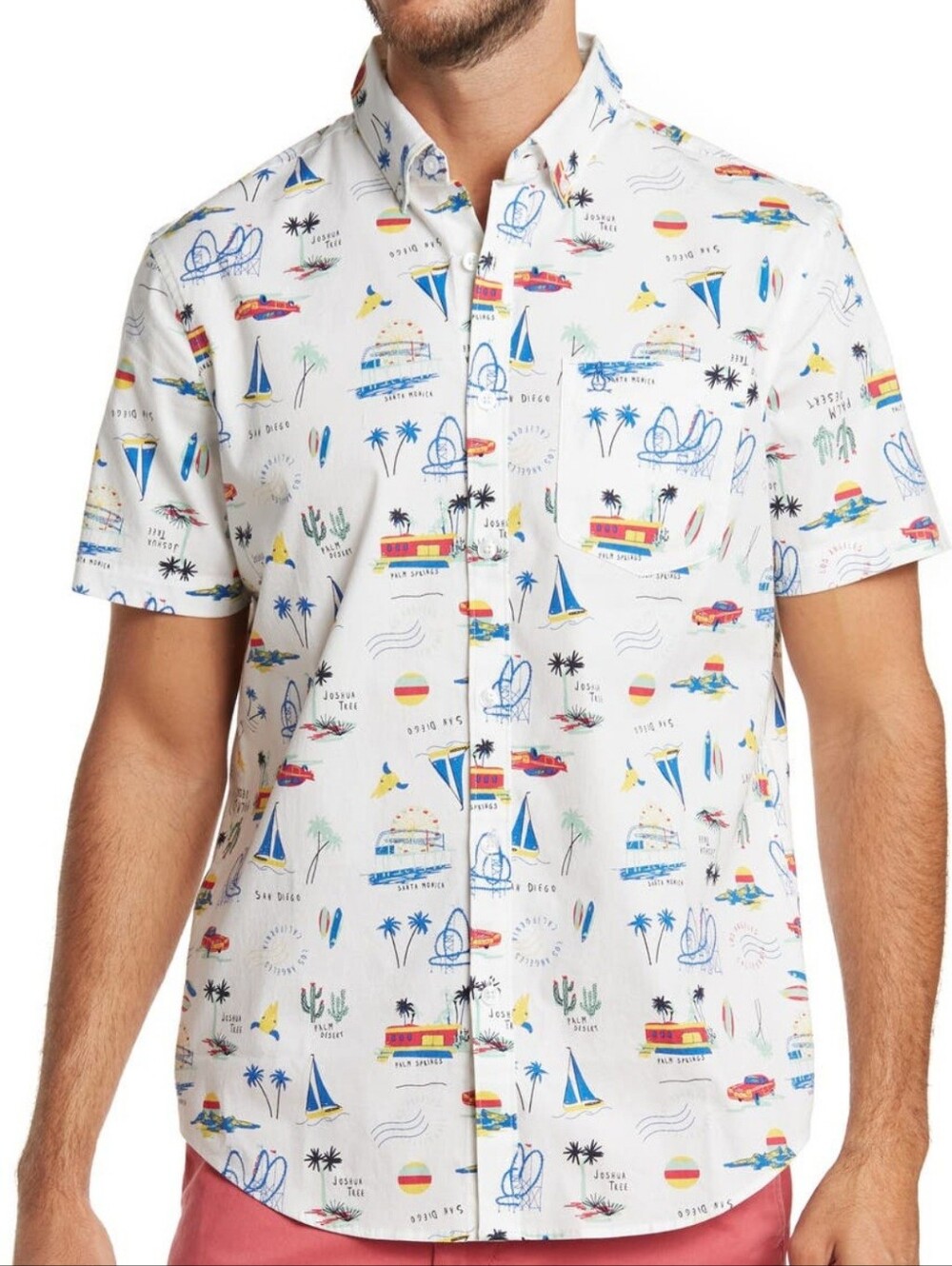 Men's White Short-Sleeve Beach Print Button-Down Shirt